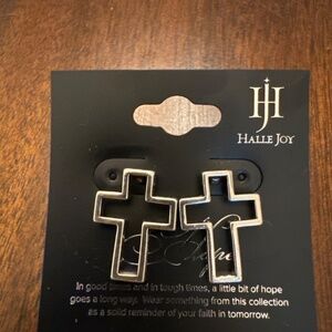 Halle Joy Silver Tone Cross Earrings with Heart Accents‎